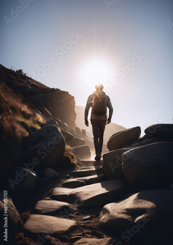 immagine di escursionista che percorre in solitaria un sentiero di montagna, sole al tramonto, cielo limpido