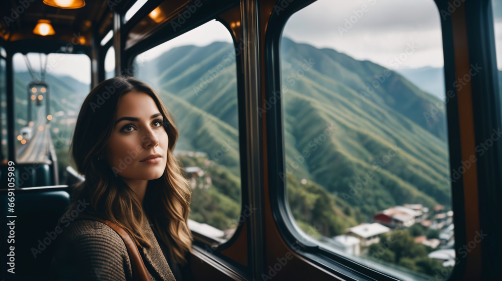 Beautiful young woman looking out the window while traveling Beautiful young woman looking out the window while traveling