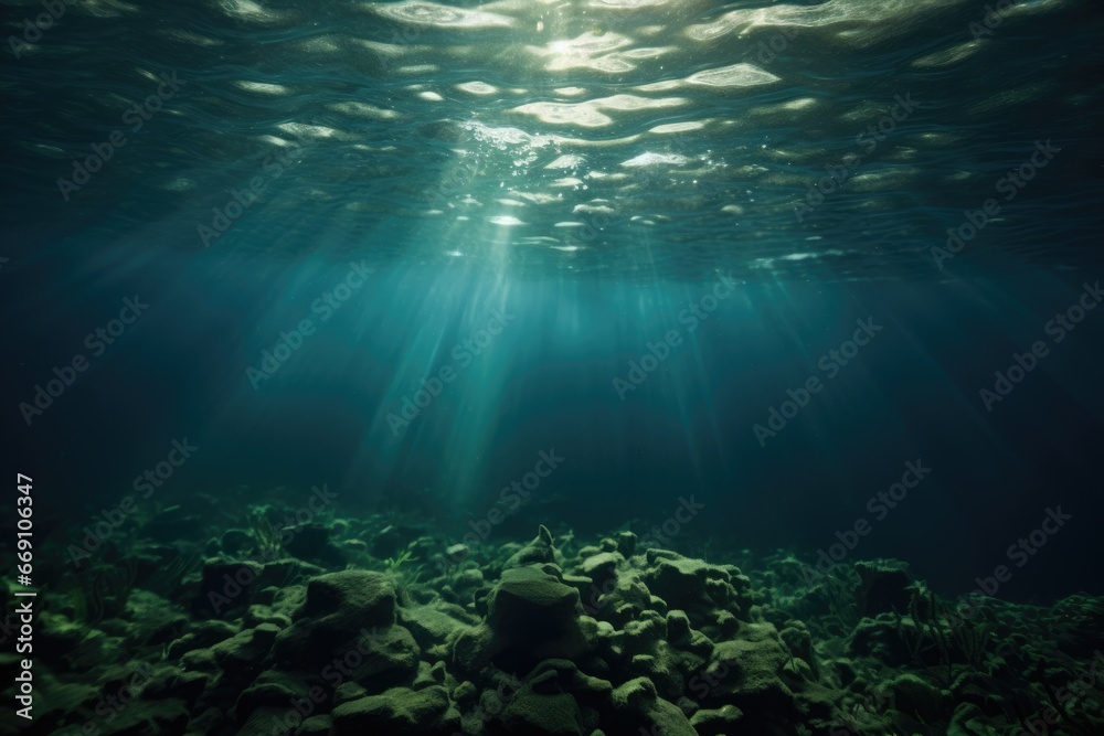 Deep transparent green and teal water reefs. Shallow tropical ocean. Sun rays shining through the water. 