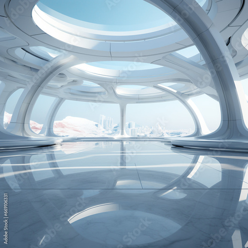 Abstract Futuristic Glass Architecture in a 3D Render with Spacious Concrete Flooring.