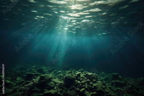 Deep transparent green and teal water reefs. Shallow tropical ocean. Sun rays shining through the water.  © ana