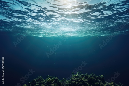Underwater ocean. Sun rays shining through the water surface. Blue and teal transparent water. 