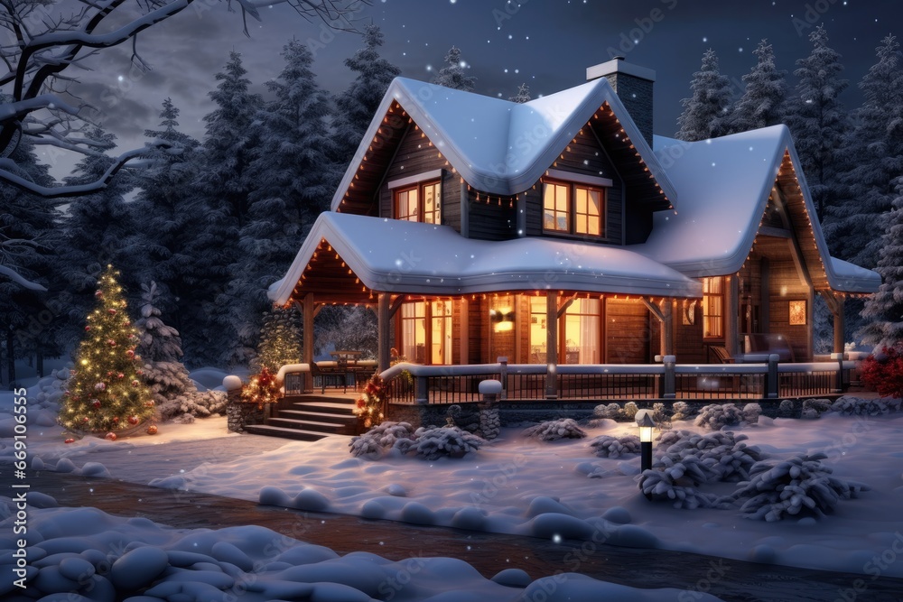 A picturesque winter night with a cozy cottage, Christmas lights and a snowy countryside landscape.