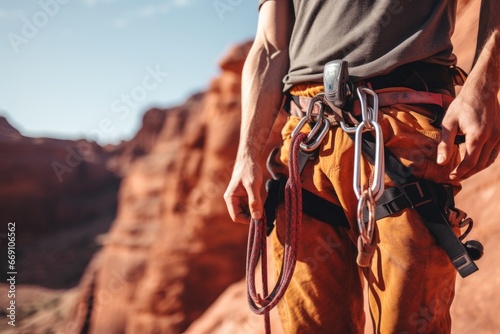 Brave male outdoor climber prepares to climb a challenging rock face, showing strength and adventure.