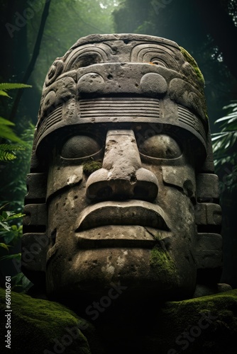 large stone head of the ancient Mexican culture. Colossal  Olmec Head stone statue. © ana
