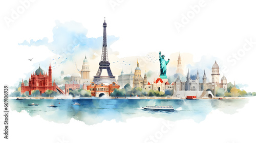 Iconic travel destinations watercolor painting. Landmarks from around the world. Isolated background. photo