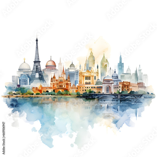 Iconic travel destinations watercolor painting. Landmarks from around the world. Isolated background.