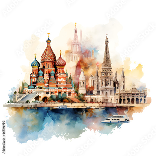 Iconic travel destinations watercolor painting. Landmarks from around the world. Isolated background.