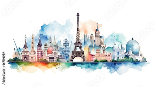 Iconic travel destinations watercolor painting. Landmarks from around the world. Isolated background. © Korakrich