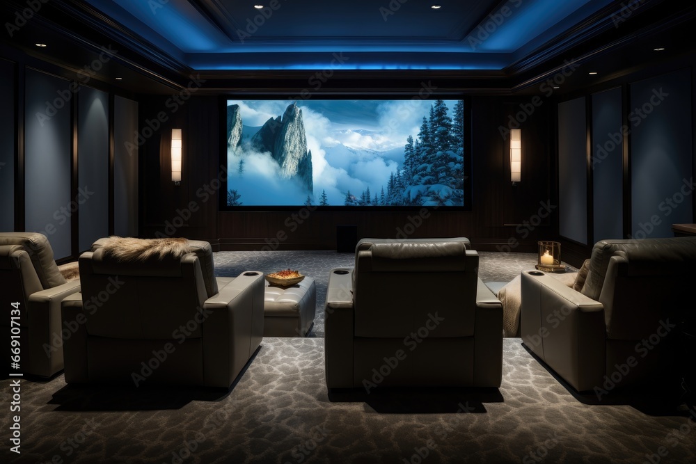 Modern home-theater, luxury, reclining chairs, projector screen Modern home-theater, luxury, reclining chairs, projector screen