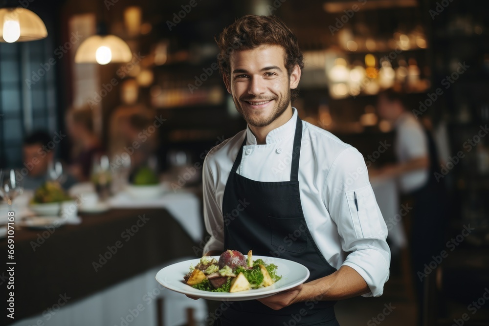 Passionate young chef with a satisfied smile presenting a gourmet dish in a restaurant.