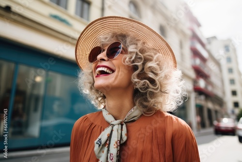 Mature woman with stylish hat laughing on a city street.