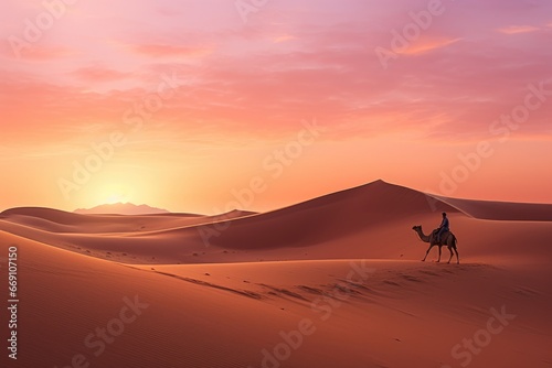 Nomad traveler  desert landscape  camel companion  vast horizon  solitude journey.