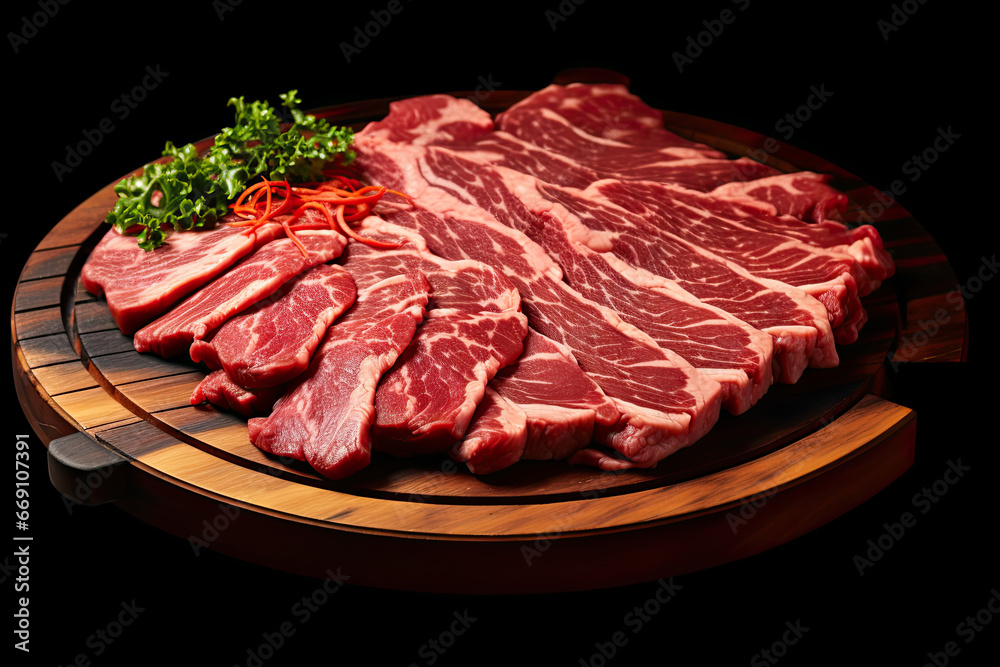 sliced raw beef on a wooden board