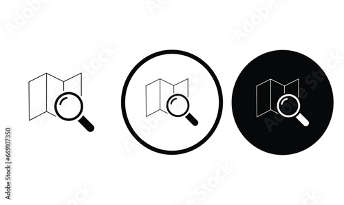 icon search map black outline for web site design and mobile dark mode apps Vector illustration on a white background