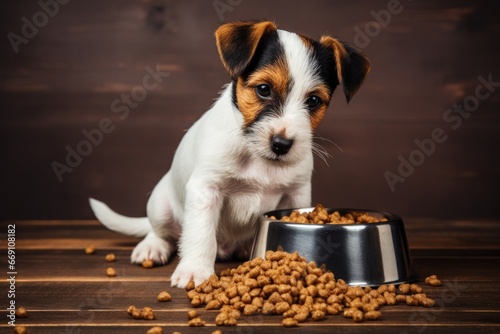 A cute and hungry puppy sits eagerly at his food bowl in anticipation of a delicious meal at home.