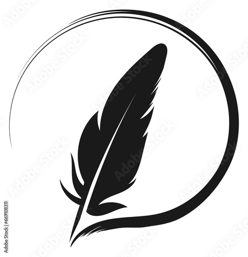 Quill pen round logo. Black feather symbol