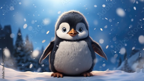 a cartoon character of a baby penguin with a fluffy belly and a cute bow tie. AI Generative