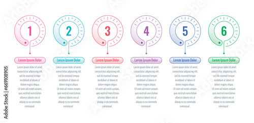 business, education, magazine, annual report, internet information template. colored indicator circles informational template. six steps infographic template
