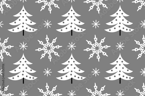 Merry Christmas and Happy New Year winter season holidays. Snowy snow, cold icy snowfall of white nice and cute snowflakes and fir tree. Seamless vector pattern for design and decoration. © Alyona