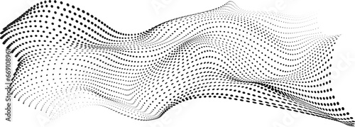 Flowing dotted line wave. Halftone texture. Curve halftone shape on white background. 3D vector wave lines pattern. Vector illustration.