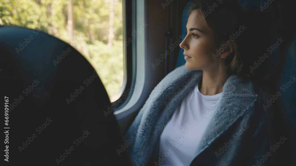 Beautiful young woman looking out the window while traveling Beautiful young woman looking out the window while traveling
