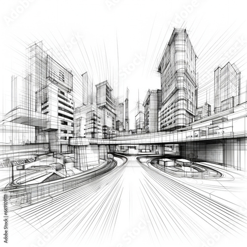 Abstract Modern Urban Landscape: 3D Architectural Building Design in Perspective