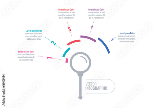 business, internet, magazine, annual report, education information template. five options infographic template. magnifying infographic template