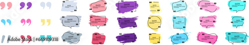 Collection of quote box frames and icons. Text in brackets. Apostrophe icon. Blank template of quote remarks. Empty speech and quote bubbles of different forms. Textbox