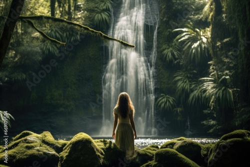 Woman admiring a cascade in a secluded forest.