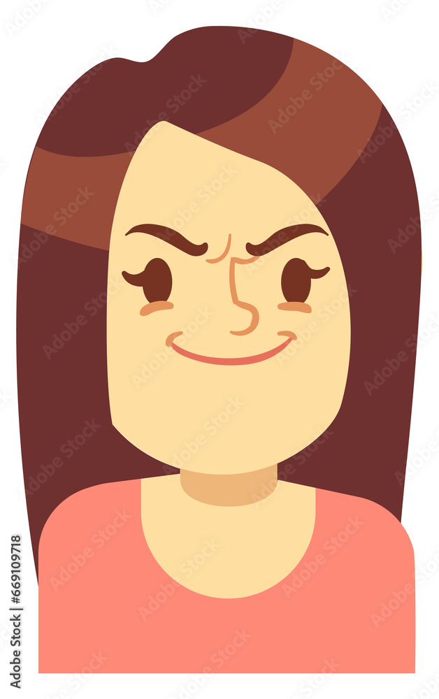Evil grin female face expression. Woman portrait Evil grin female face expression. Woman portrait