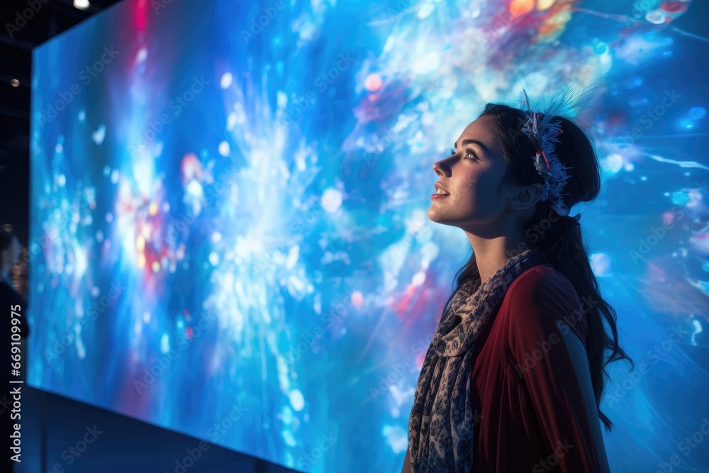 Young woman captivated by a digital art installation.