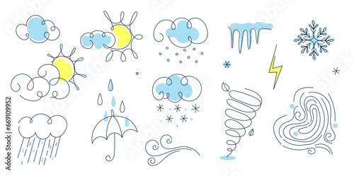 Meteorology and weather phenomenon vector lineart illustration. Black lineart sketch isolated on white background. Set of weather elements: clouds, sun, snow, tornadoes, cyclones, ice, snowflake