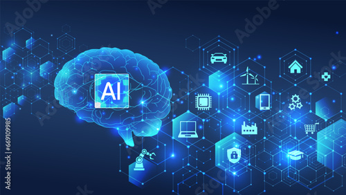 AI Brain technology Illustration including safty, education, computer, mobile, app, power, automobile, finance, medical, Intelligent Steward,online shop, factory