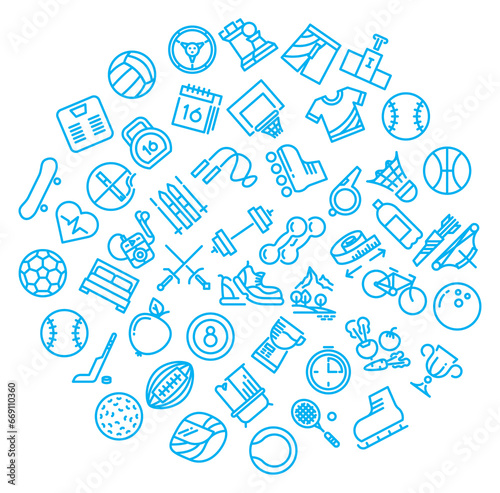 Sport activities linear icons in round shape