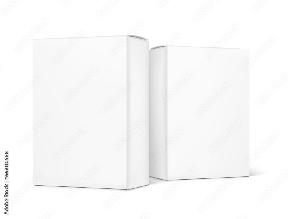 Realistic cardboard box mockup. Vector illustration isolated on white background. Half side views. Can be use for food, cosmetic, pharmacy, sport and etc. Ready for your design. EPS10. Realistic cardboard box mockup. Vector illustration isolated on white background. Half side views. Can be use for food, cosmetic, pharmacy, sport and etc. Ready for your design. EPS10.