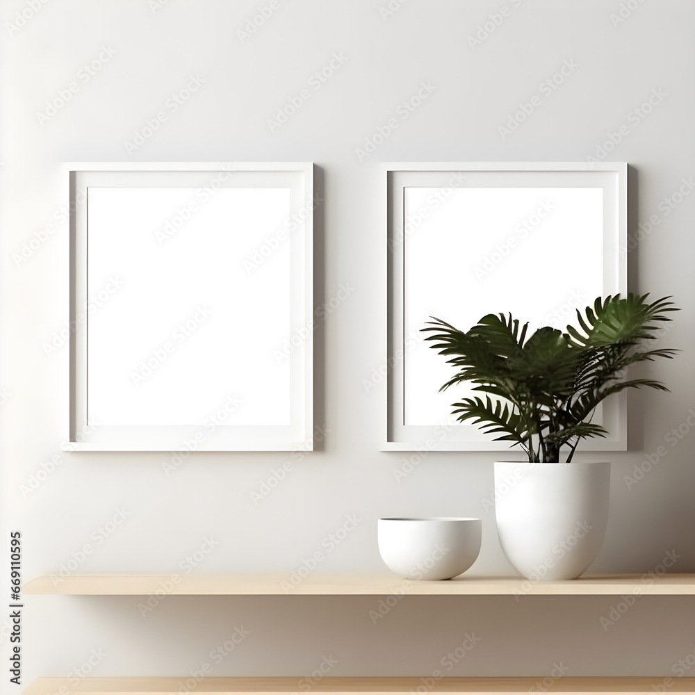 Two empty frame mockups in white hanging on the wall, with a plant infront of them Two empty frame mockups in white hanging on the wall, with a plant infront of them