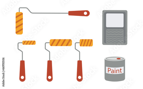 A set of rollers for painting walls, a tin can with paint and a tray for paint. Home renovation concept. Flat vector illustration