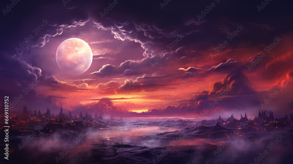 A romantic and beautiful landscape with purple moonlight