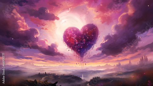 heart, love, sky, cloud, valentine, sunset, romance, romantic, illustration, landscape