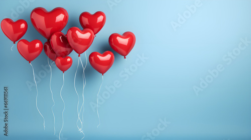 Red heart balloons on blue background