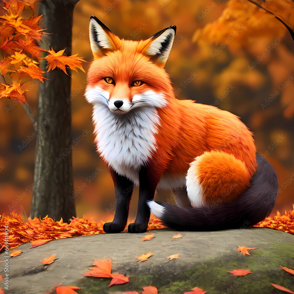 Fox In Aurtumn Forest With Autumn Trees And Leaves. Generative AI Fox In Aurtumn Forest With Autumn Trees And Leaves. Generative AI