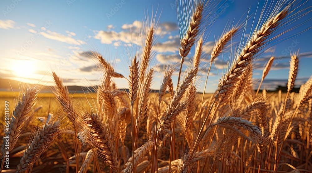 Closeup of an ear of wheat at the golden hour at dawn or dusk in a field cultivated - obrazy, fototapety, plakaty 