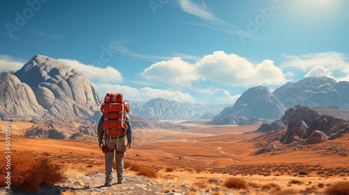 Man walking across striped reddish desert sandstone rock on hot sunny day