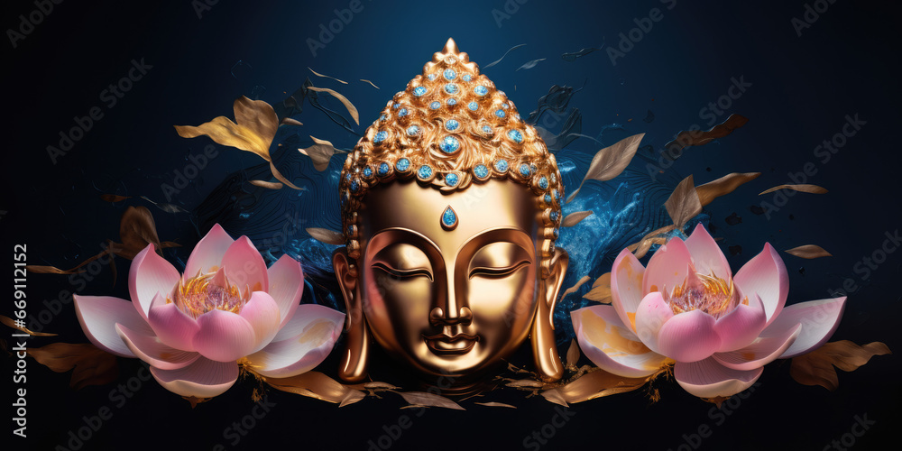 golden buddha decorated wth lotuses flowers