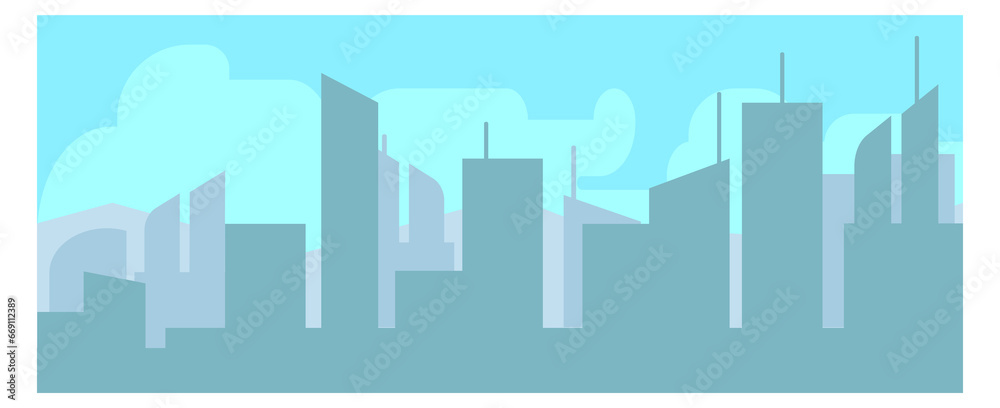 Cityscape background. High buildings silhouettes on blue sky