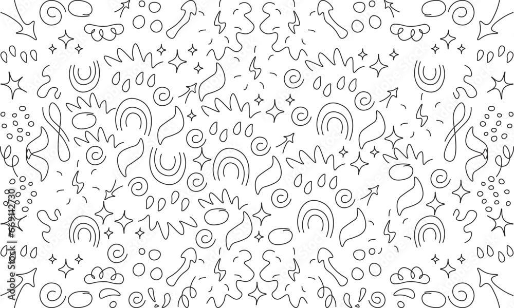 Abstract decorative doodles seamless pattern. Simple geometric shape background, doodle frames, line curved arrow, pointing arrow, funny symbol, fun basic shape seamless pattern background. 