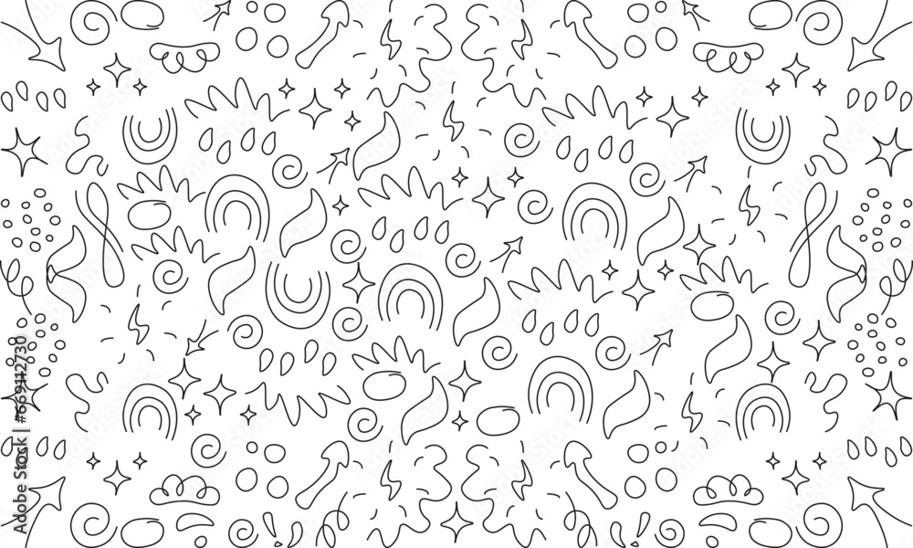 Abstract decorative doodles seamless pattern. Simple geometric shape background, doodle frames, line curved arrow, pointing arrow, funny symbol, fun basic shape seamless pattern background. Abstract decorative doodles seamless pattern. Simple geometric shape background, doodle frames, line curved arrow, pointing arrow, funny symbol, fun basic shape seamless pattern background.