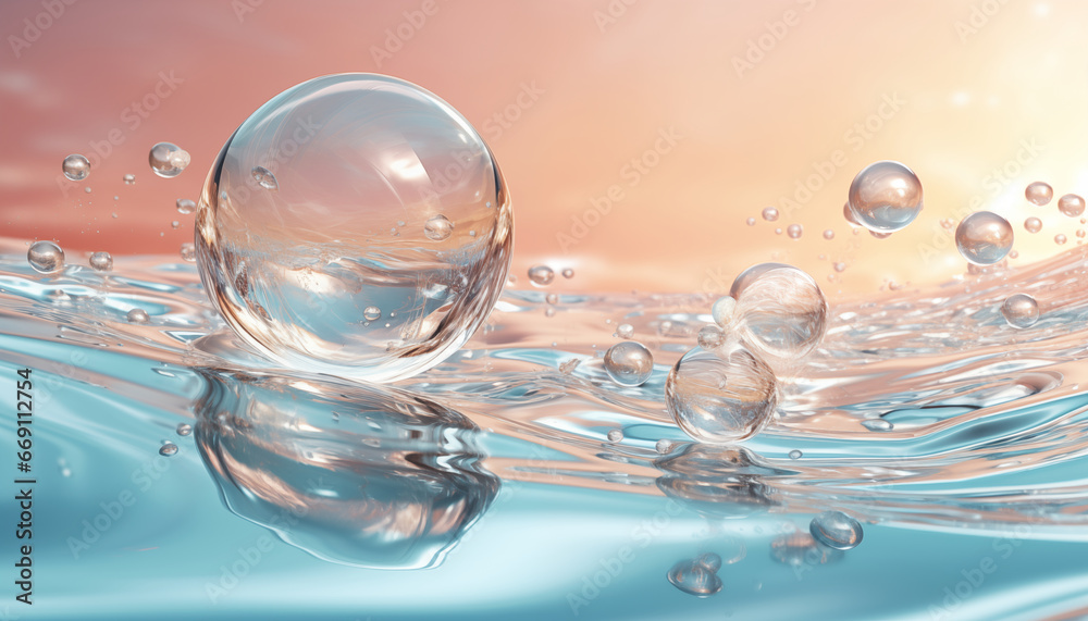 Wasserkugel oder durchsichtige Perle im Wasser in pastell türkis und pastell orange