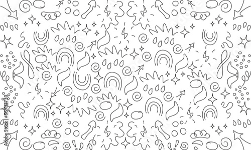 Abstract decorative doodles seamless pattern. Simple geometric shape background  doodle frames  line curved arrow  pointing arrow  funny symbol  fun basic shape seamless pattern background. 
